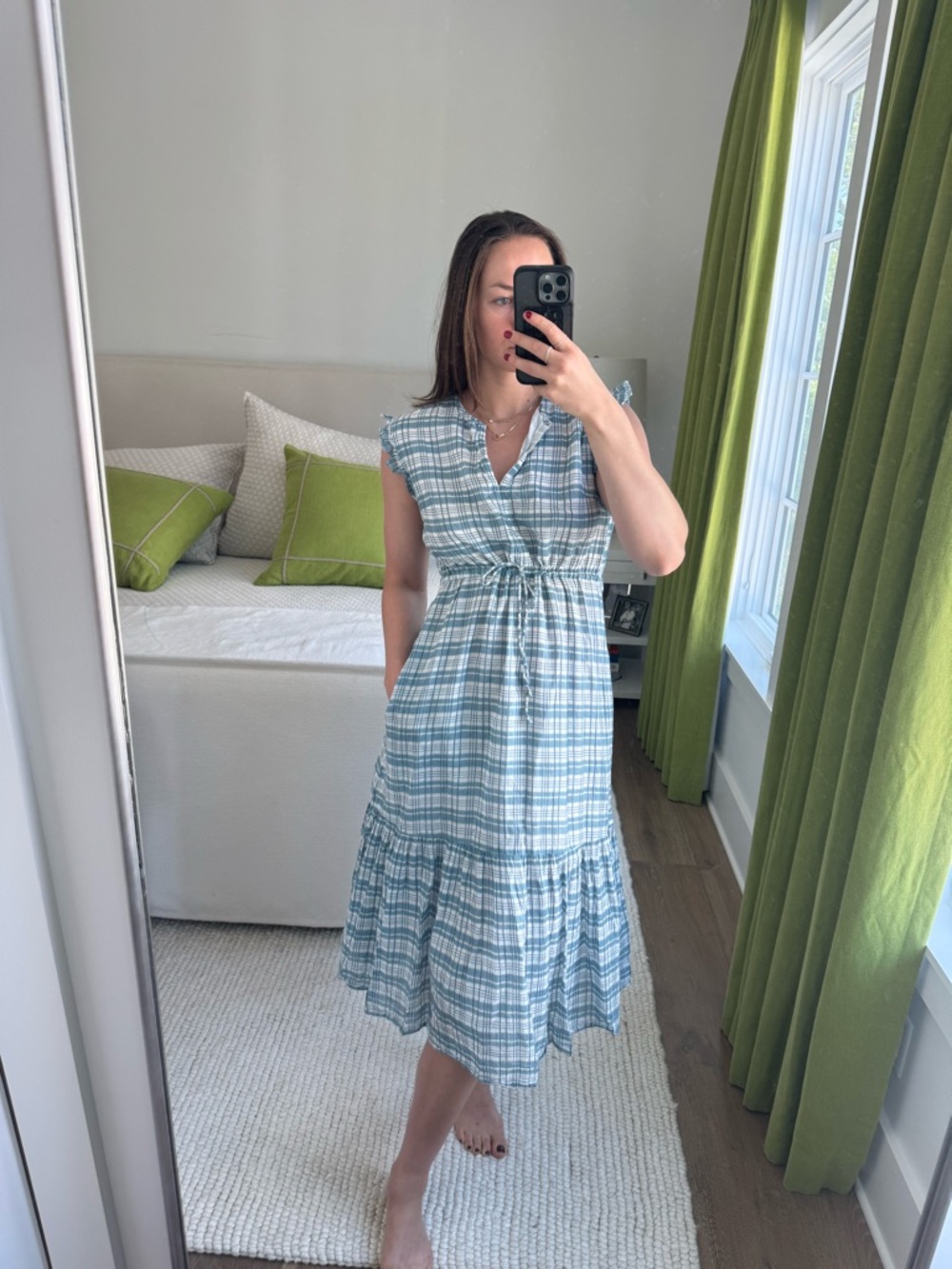 Rails Blue Plaid Midi Dress with Tie Waist